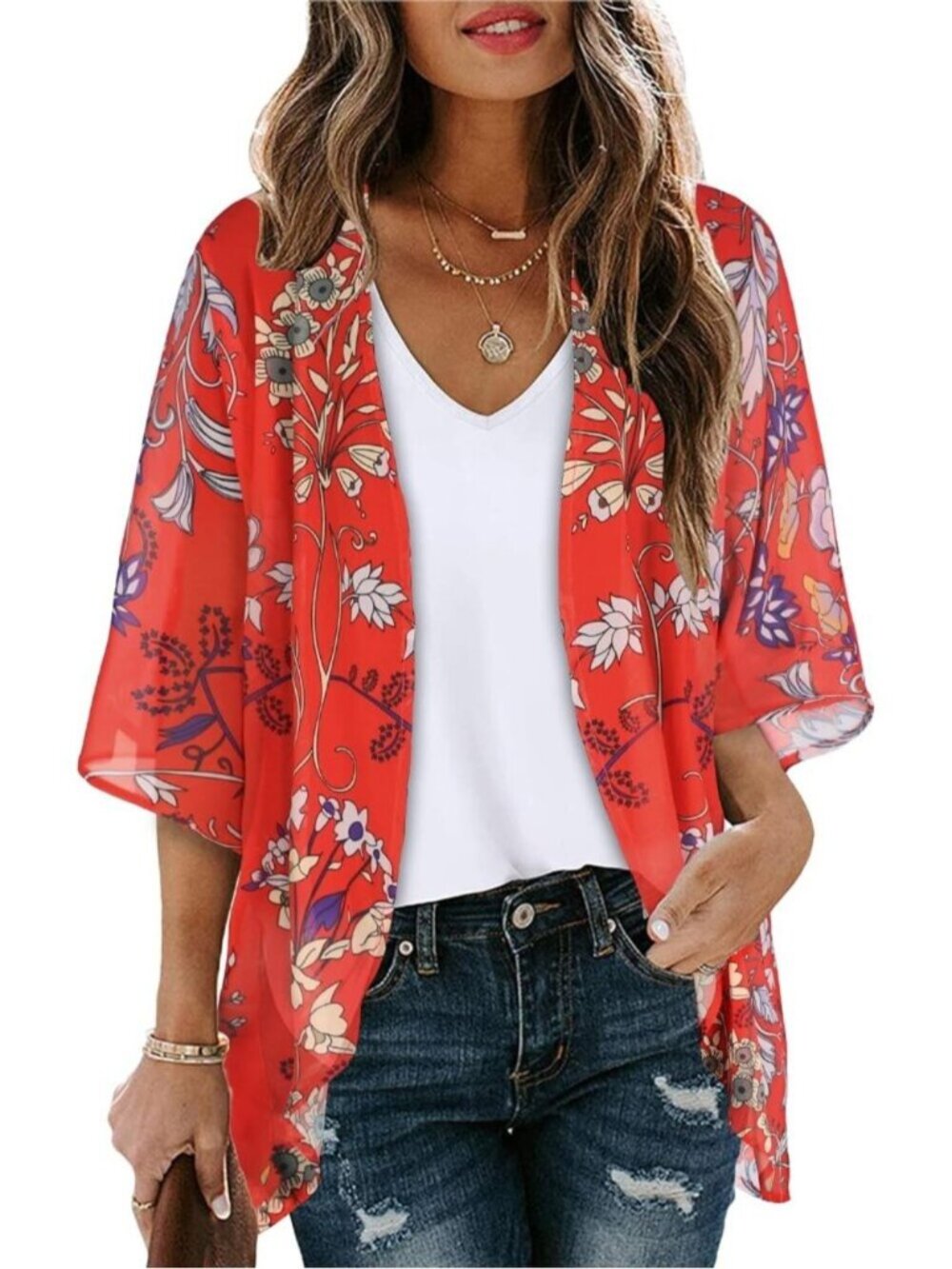 🆕Women's Red Polyester Kimono Cardigan Beach Swimwear Cover Up Floral